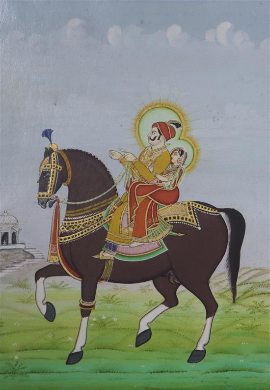 Indian School, two gouaches, Noblemen riding a horse and Women in a garden, largest 45 x 33cm, unframed